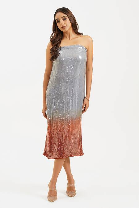 Keoo_Silver Cotton, Georgette Sequins Off-shoulder Ombre Tube Dress_at_Aza_Fashions