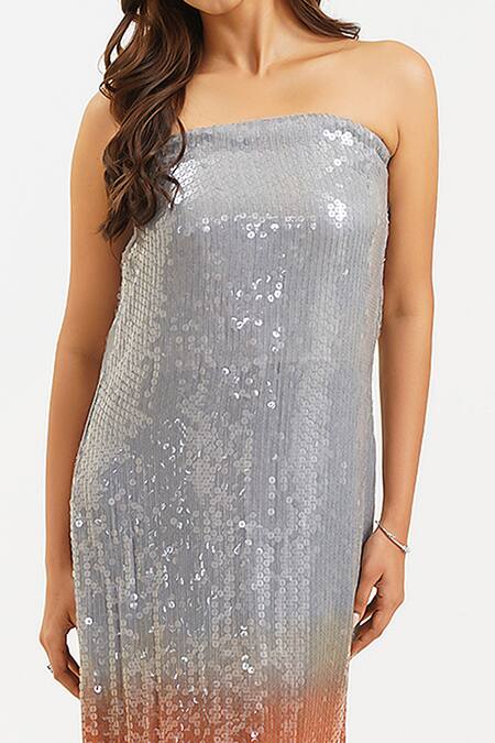 Buy_Keoo_Silver Cotton, Georgette Sequins Off-shoulder Ombre Tube Dress