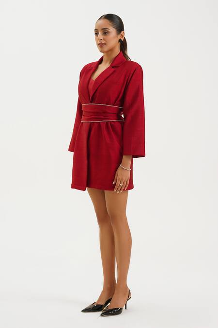 Keoo_Maroon Lycra, Cotton, Silk Collared Solid Blazer Dress_Online_at_Aza_Fashions