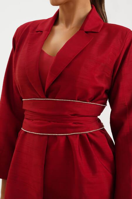 Buy_Keoo_Maroon Lycra, Cotton, Silk Collared Solid Blazer Dress