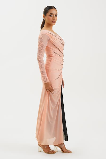 Keoo_Black Lycra, Net Stones One Shoulder Colorblocked Embellished Draped Gown_Online_at_Aza_Fashions