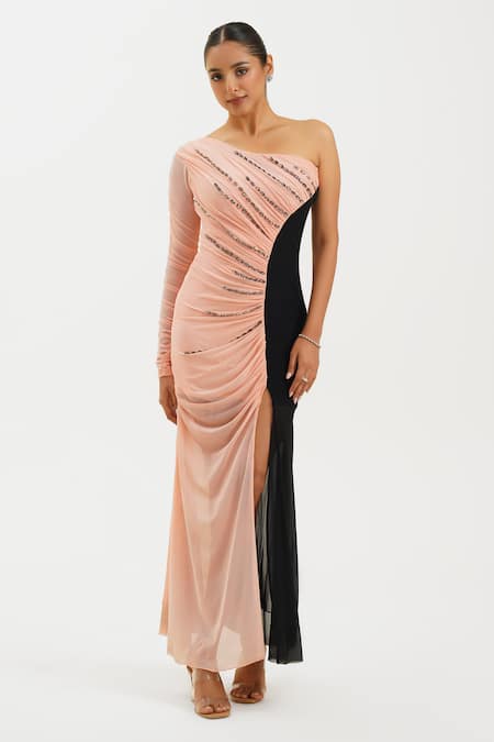 Shop_Keoo_Black Lycra, Net Stones One Shoulder Colorblocked Embellished Draped Gown_Online_at_Aza_Fashions