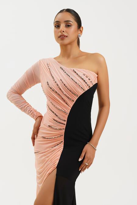 Buy_Keoo_Black Lycra, Net Stones One Shoulder Colorblocked Embellished Draped Gown