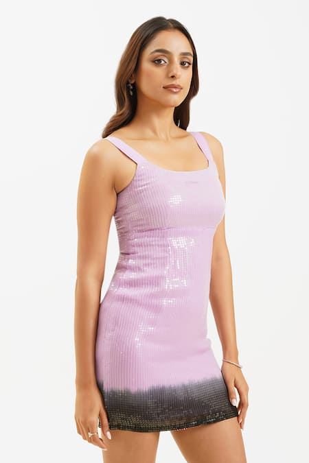 Shop_Keoo_Lilac Georgette, Cotton Sequins Round Neck Ombre Embellished Dress_Online_at_Aza_Fashions