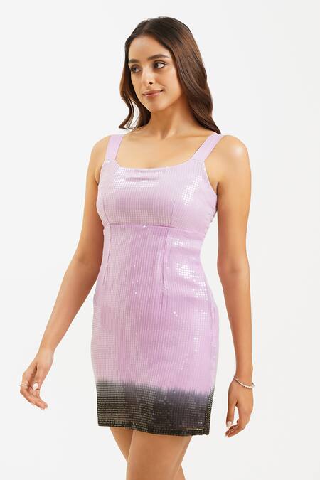 Keoo_Lilac Georgette, Cotton Sequins Round Neck Ombre Embellished Dress_at_Aza_Fashions