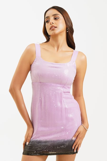 Buy_Keoo_Lilac Georgette, Cotton Sequins Round Neck Ombre Embellished Dress