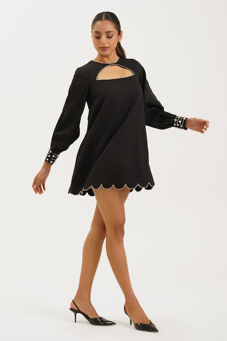 Keoo_Black Crepe Stones Round Neck Embellished Short Dress_Online_at_Aza_Fashions