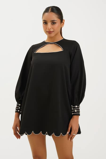 Buy_Keoo_Black Crepe Stones Round Neck Embellished Short Dress_Online_at_Aza_Fashions