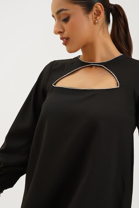 Keoo_Black Crepe Stones Round Neck Embellished Short Dress_at_Aza_Fashions