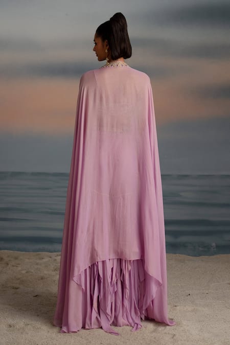 Shop Shashank Arya Purple Georgette, Satin Crystals, Zari Embroidered Cape Layered Sharara Set at Aza Fashions Shop_Shashank Arya_Purple Georgette, Satin Crystals, Zari Embroidered Cape Layered Sharara Set _at_Aza_Fashions