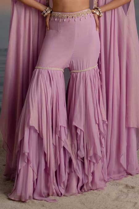 Shashank Arya Purple Georgette, Satin Crystals, Zari Embroidered Cape Layered Sharara Set Online at Aza Fashions Shashank Arya_Purple Georgette, Satin Crystals, Zari Embroidered Cape Layered Sharara Set _Online_at_Aza_Fashions