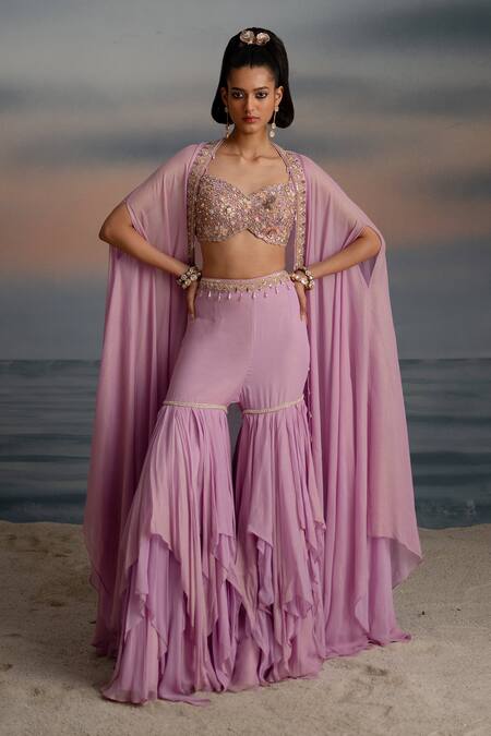 Buy Shashank Arya Purple Georgette, Satin Crystals, Zari Embroidered Cape Layered Sharara Set Online at Aza Fashions Buy_Shashank Arya_Purple Georgette, Satin Crystals, Zari Embroidered Cape Layered Sharara Set _Online_at_Aza_Fashions