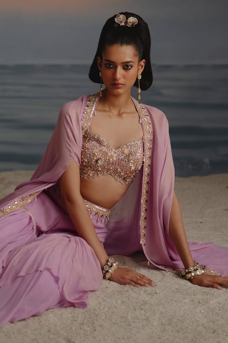 Shop Shashank Arya Purple Georgette, Satin Crystals, Zari Embroidered Cape Layered Sharara Set Online at Aza Fashions Shop_Shashank Arya_Purple Georgette, Satin Crystals, Zari Embroidered Cape Layered Sharara Set _Online_at_Aza_Fashions