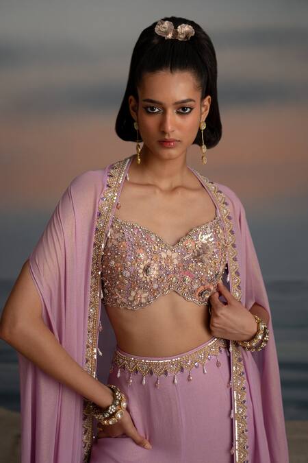 Shashank Arya Purple Georgette, Satin Crystals, Zari Embroidered Cape Layered Sharara Set at Aza Fashions Shashank Arya_Purple Georgette, Satin Crystals, Zari Embroidered Cape Layered Sharara Set _at_Aza_Fashions