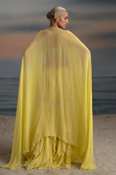 Shop Shashank Arya Yellow Georgette, Satin, Silk Pearls, Embroidered Cape Layered Sharara Set at Aza Fashions Shop_Shashank Arya_Yellow Georgette, Satin, Silk Pearls, Embroidered Cape Layered Sharara Set _at_Aza_Fashions