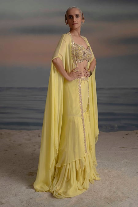 Shashank Arya Yellow Georgette, Satin, Silk Pearls, Embroidered Cape Layered Sharara Set Online at Aza Fashions Shashank Arya_Yellow Georgette, Satin, Silk Pearls, Embroidered Cape Layered Sharara Set _Online_at_Aza_Fashions