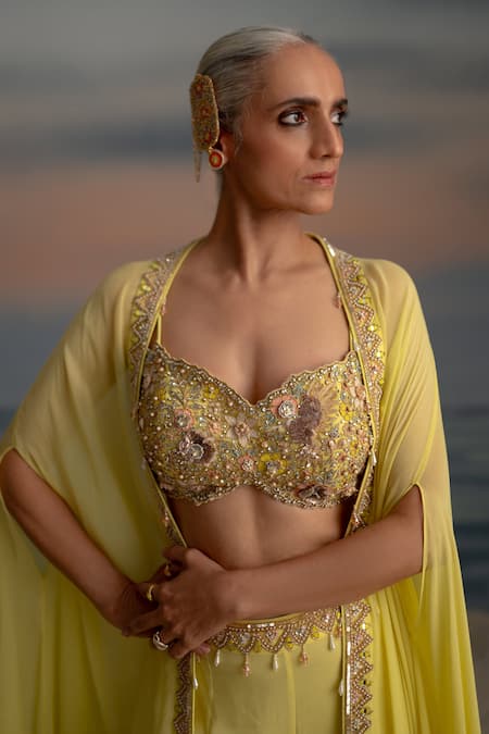 Shop Shashank Arya Yellow Georgette, Satin, Silk Pearls, Embroidered Cape Layered Sharara Set Online at Aza Fashions Shop_Shashank Arya_Yellow Georgette, Satin, Silk Pearls, Embroidered Cape Layered Sharara Set _Online_at_Aza_Fashions
