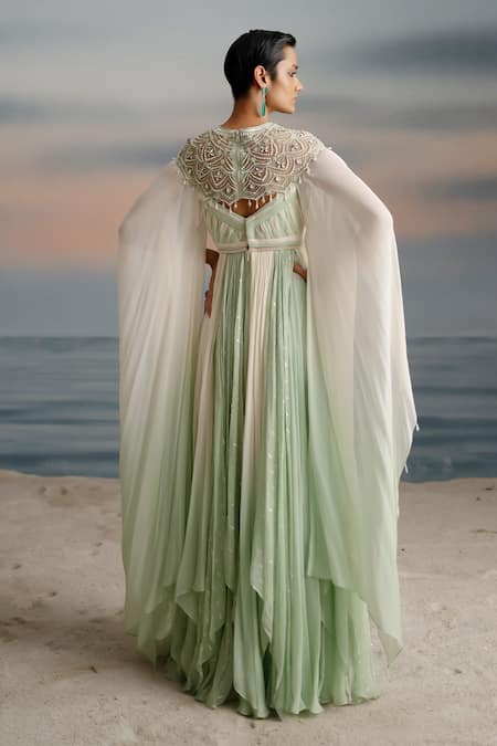 Shop Shashank Arya Ivory Chiffon, Georgette, Satin Embroidered Cape And Color Block Anarkali Set at Aza Fashions Shop_Shashank Arya_Ivory Chiffon, Georgette, Satin Embroidered Cape And Color Block Anarkali Set _at_Aza_Fashions