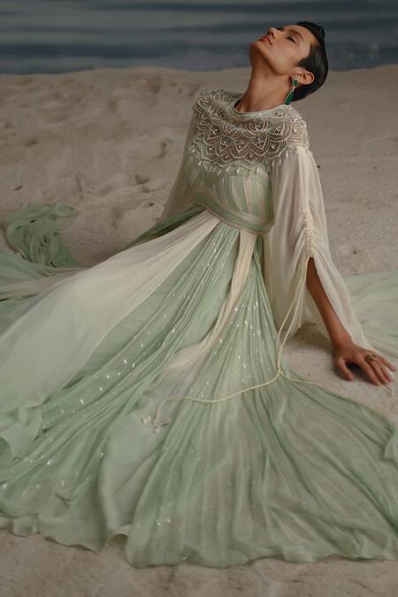 Shashank Arya Ivory Chiffon, Georgette, Satin Embroidered Cape And Color Block Anarkali Set Online at Aza Fashions Shashank Arya_Ivory Chiffon, Georgette, Satin Embroidered Cape And Color Block Anarkali Set _Online_at_Aza_Fashions