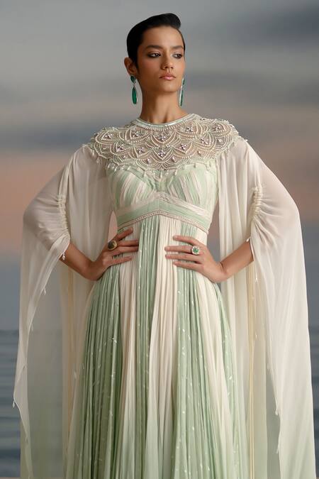 Shop Shashank Arya Ivory Chiffon, Georgette, Satin Embroidered Cape And Color Block Anarkali Set Online at Aza Fashions Shop_Shashank Arya_Ivory Chiffon, Georgette, Satin Embroidered Cape And Color Block Anarkali Set _Online_at_Aza_Fashions