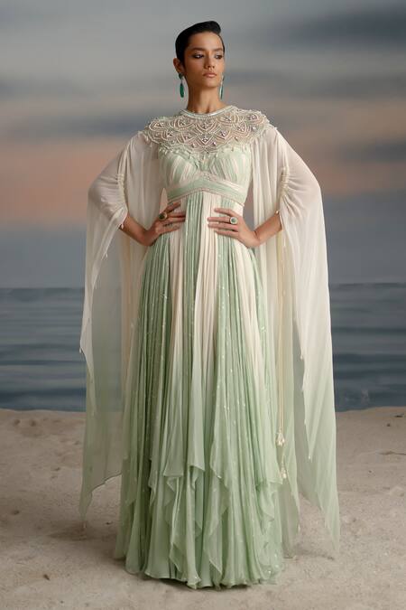 Shashank Arya Ivory Chiffon, Georgette, Satin Embroidered Cape And Color Block Anarkali Set at Aza Fashions Shashank Arya_Ivory Chiffon, Georgette, Satin Embroidered Cape And Color Block Anarkali Set _at_Aza_Fashions