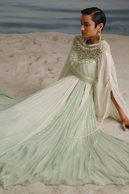 Buy Shashank Arya Ivory Chiffon, Georgette, Satin Embroidered Cape And Color Block Anarkali Set Buy_Shashank Arya_Ivory Chiffon, Georgette, Satin Embroidered Cape And Color Block Anarkali Set