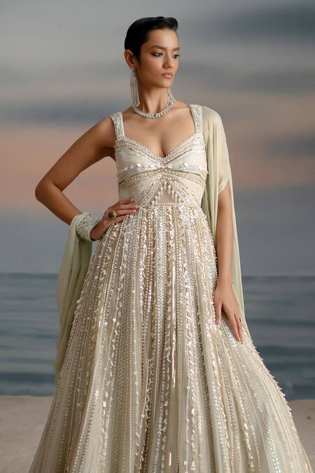 Shashank Arya Ivory Tulle, Georgette, Satin Pearls, Sequins Embellished Asymmetric Draped Gown Online at Aza Fashions Shashank Arya_Ivory Tulle, Georgette, Satin Pearls, Sequins Embellished Asymmetric Draped Gown _Online_at_Aza_Fashions
