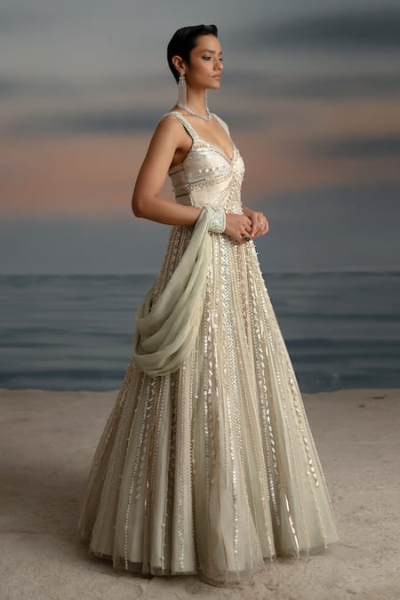 Buy Shashank Arya Ivory Tulle, Georgette, Satin Pearls, Sequins Embellished Asymmetric Draped Gown Buy_Shashank Arya_Ivory Tulle, Georgette, Satin Pearls, Sequins Embellished Asymmetric Draped Gown