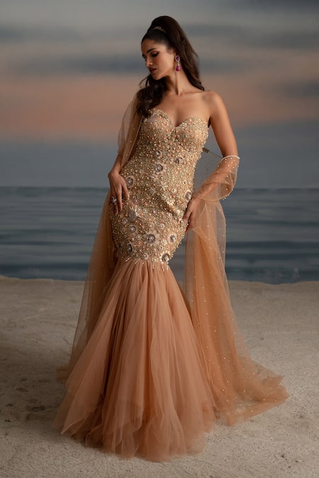 Shashank Arya Beige Tulle, Satin Pearls, Stones, Embellished Fish-cut Gown With Sheer Cape Online at Aza Fashions Shashank Arya_Beige Tulle, Satin Pearls, Stones, Embellished Fish-cut Gown With Sheer Cape _Online_at_Aza_Fashions