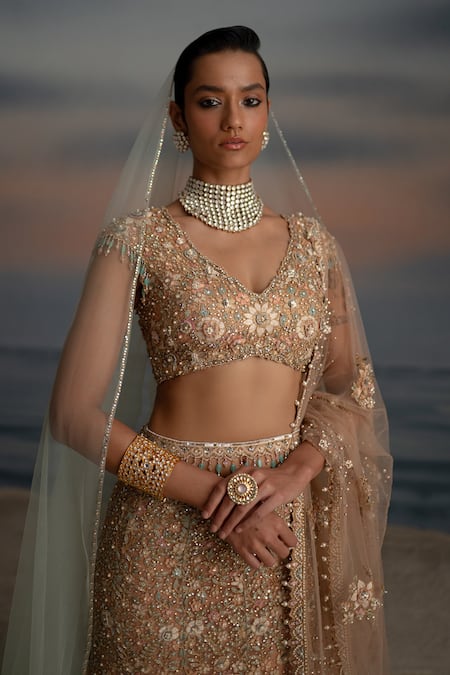 Shashank Arya_Pink Net, Satin, Tulle Pearls, Old Rose Floral Embroidered Lehenga Set _Online_at_Aza_Fashions