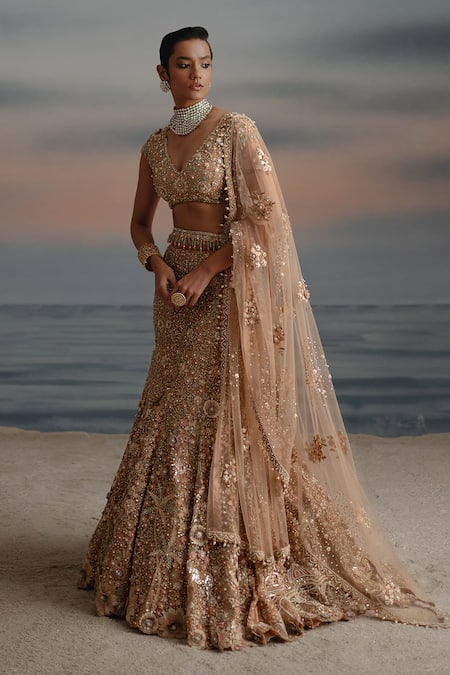 Buy_Shashank Arya_Pink Net, Satin, Tulle Pearls, Old Rose Floral Embroidered Lehenga Set _Online_at_Aza_Fashions