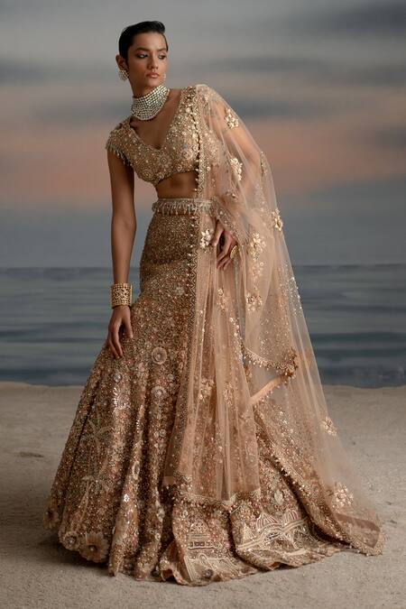 Shop_Shashank Arya_Pink Net, Satin, Tulle Pearls, Old Rose Floral Embroidered Lehenga Set _Online_at_Aza_Fashions