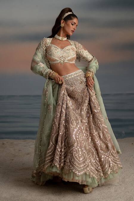 Shop Shashank Arya Ivory Organza, Silk, Satin, Net Floral Vine Embroidered Bridal Lehenga Set Online at Aza Fashions Shop_Shashank Arya_Ivory Organza, Silk, Satin, Net Floral Vine Embroidered Bridal Lehenga Set _Online_at_Aza_Fashions