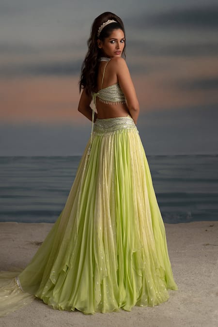 Shop_Shashank Arya_Yellow Chiffon, Georgette, Satin Tassels, Sequins, Gradient Mirror Lehenga Set _at_Aza_Fashions
