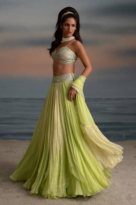 Shashank Arya_Yellow Chiffon, Georgette, Satin Tassels, Sequins, Gradient Mirror Lehenga Set _Online_at_Aza_Fashions