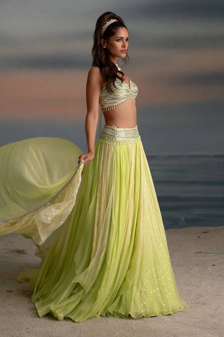 Buy_Shashank Arya_Yellow Chiffon, Georgette, Satin Tassels, Sequins, Gradient Mirror Lehenga Set _Online_at_Aza_Fashions