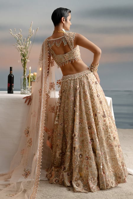 Shop Shashank Arya Ivory Tulle, Silk, Net Pearls, Beads, Floral Vine Resham Embroidered Lehenga Set at Aza Fashions Shop_Shashank Arya_Ivory Tulle, Silk, Net Pearls, Beads, Floral Vine Resham Embroidered Lehenga Set _at_Aza_Fashions