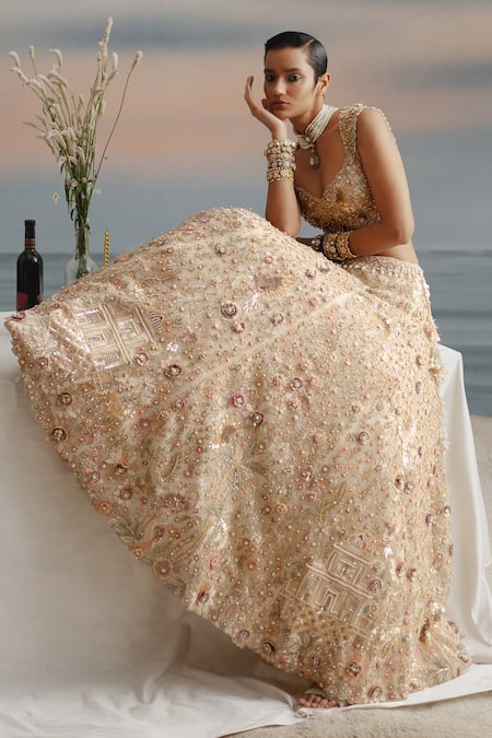 Buy Shashank Arya Ivory Tulle, Silk, Net Pearls, Beads, Floral Vine Resham Embroidered Lehenga Set Online at Aza Fashions Buy_Shashank Arya_Ivory Tulle, Silk, Net Pearls, Beads, Floral Vine Resham Embroidered Lehenga Set _Online_at_Aza_Fashions