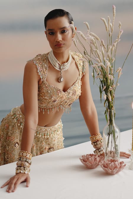 Shashank Arya Ivory Tulle, Silk, Net Pearls, Beads, Floral Vine Resham Embroidered Lehenga Set at Aza Fashions Shashank Arya_Ivory Tulle, Silk, Net Pearls, Beads, Floral Vine Resham Embroidered Lehenga Set _at_Aza_Fashions