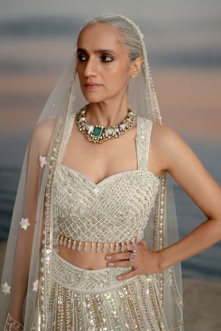 Shashank Arya_Gray Tulle, Silk, Satin, Net Pearls, Sequins, Cut Embellished Grey Lehenga Set _Online_at_Aza_Fashions