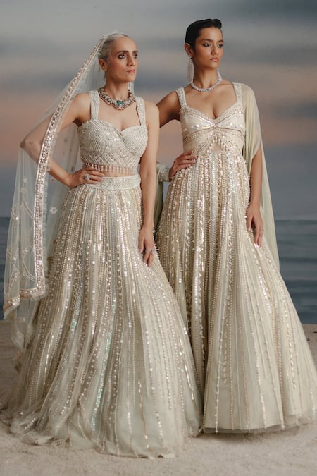 Buy_Shashank Arya_Gray Tulle, Silk, Satin, Net Pearls, Sequins, Cut Embellished Grey Lehenga Set _Online_at_Aza_Fashions