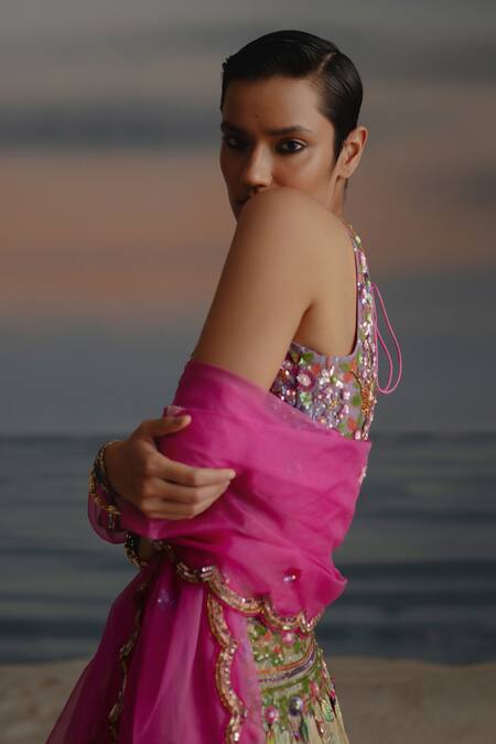 Shashank Arya Multi Color Organza, Georgette, Net Cut Multicolor Ombre Stripe Lehenga Set Online at Aza Fashions Shashank Arya_Multi Color Organza, Georgette, Net Cut Multicolor Ombre Stripe Lehenga Set _Online_at_Aza_Fashions