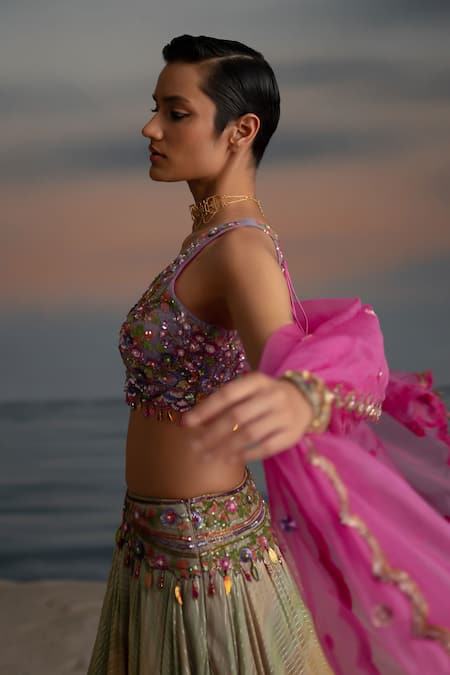 Buy Shashank Arya Multi Color Organza, Georgette, Net Cut Multicolor Ombre Stripe Lehenga Set Online at Aza Fashions Buy_Shashank Arya_Multi Color Organza, Georgette, Net Cut Multicolor Ombre Stripe Lehenga Set _Online_at_Aza_Fashions