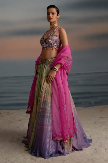 Shop Shashank Arya Multi Color Organza, Georgette, Net Cut Multicolor Ombre Stripe Lehenga Set Online at Aza Fashions Shop_Shashank Arya_Multi Color Organza, Georgette, Net Cut Multicolor Ombre Stripe Lehenga Set _Online_at_Aza_Fashions