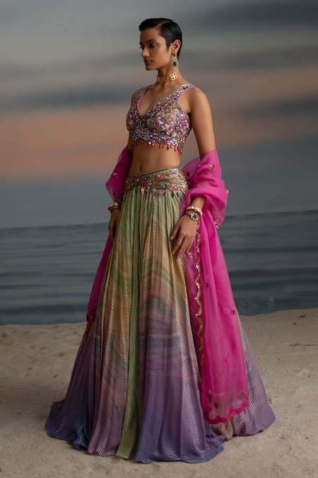 Shashank Arya Multi Color Organza, Georgette, Net Cut Multicolor Ombre Stripe Lehenga Set at Aza Fashions Shashank Arya_Multi Color Organza, Georgette, Net Cut Multicolor Ombre Stripe Lehenga Set _at_Aza_Fashions