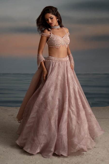 Shashank Arya_Pink Organza, Silk, Net Sequins, Pearls, Crystals Embellished Lehenga Set _Online_at_Aza_Fashions