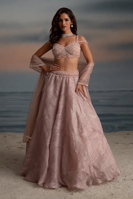 Buy_Shashank Arya_Pink Organza, Silk, Net Sequins, Pearls, Crystals Embellished Lehenga Set _Online_at_Aza_Fashions