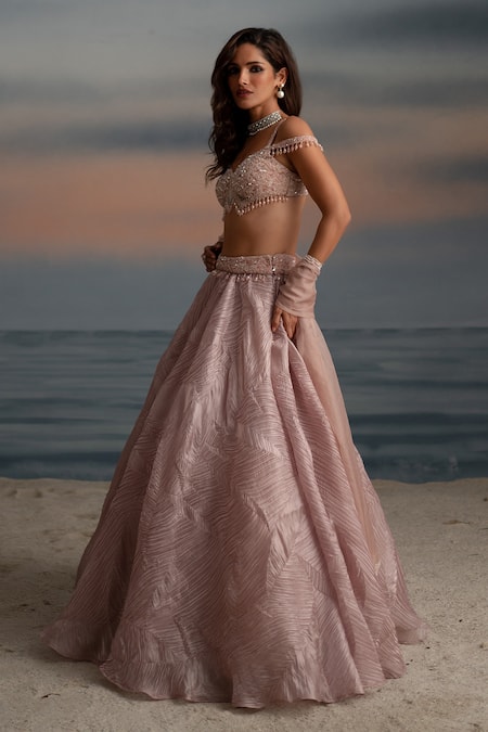 Shashank Arya_Pink Organza, Silk, Net Sequins, Pearls, Crystals Embellished Lehenga Set _at_Aza_Fashions