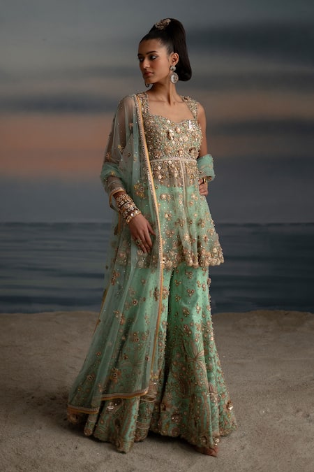 Shashank Arya Green Tulle, Satin Beads, Pearls, Stones Embroidered Peplum Kurta Sharara Set Online at Aza Fashions Shashank Arya_Green Tulle, Satin Beads, Pearls, Stones Embroidered Peplum Kurta Sharara Set _Online_at_Aza_Fashions