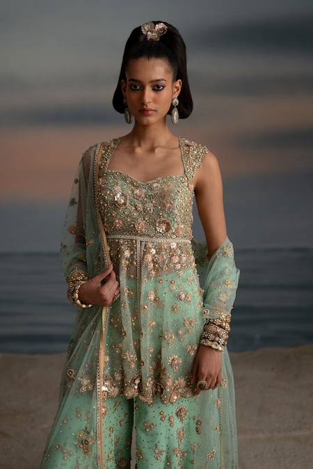 Buy Shashank Arya Green Tulle, Satin Beads, Pearls, Stones Embroidered Peplum Kurta Sharara Set Online at Aza Fashions Buy_Shashank Arya_Green Tulle, Satin Beads, Pearls, Stones Embroidered Peplum Kurta Sharara Set _Online_at_Aza_Fashions